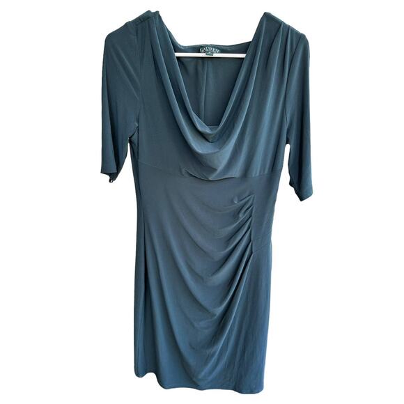 Lauren Ralph Lauren Women's Sz: 12 Woodland Green Cowl Neck Ruched Sheath Dress - Picture 5 of 12